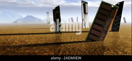 Computer circuit board graveyard. Conceptual computer image of outdated computer circuit boards in a desert landscape, representing the obselescence o Stock Photo