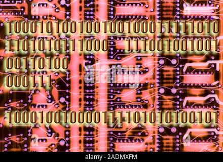 Computer circuitry, conceptual image. Binary code (ones and zeros) overlying a computer artwork of a printed circuit board (PCB). A PCB is a circuit p Stock Photo
