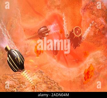 Medical nanorobots. Computer artwork of medical nanorobots using drills inside a human body. Such microscopic robot technology could be developed in t Stock Photo