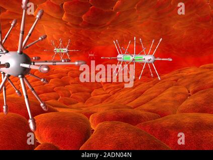 Medical nanorobots. Computer artwork of nanorobots inside the human body. In the future, microscopic robots such as these could be used to treat disea Stock Photo