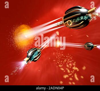 Medical nanorobots. Computer artwork of medical nanorobots using lasers inside a human body. Such microscopic robot technology could be developed in t Stock Photo