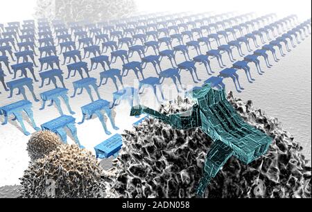 Nanorobots. Computer artwork of a nanorobot army and several cells. These microscopic robots are a future technology that could be developed to help t Stock Photo
