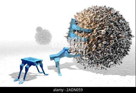 Medical nanorobots. Computer artwork of nanorobots killing a cancer cell. These microscopic robots are a future technology that could be developed to Stock Photo