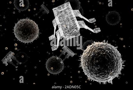 Nanorobots. Computer artwork of nanorobots with pollen. The nanorobots are light enough to float in liquids or air with the pollen, and could be sprea Stock Photo