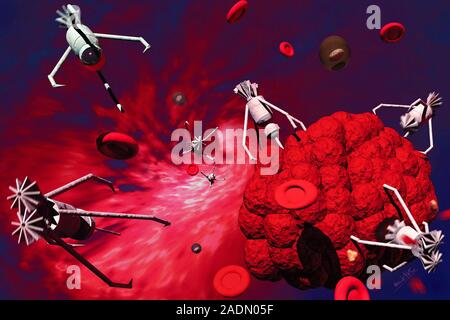Medical nanorobots. Computer artwork of medical nanorobots (grey) attacking cancer cells (lower right) within the body. Several red blood cells (small Stock Photo