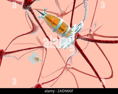 Neurological nanorobots. Computer artwork of two nanorobots among nerve cells. Nanorobots is a term used to describe future microscopic robots that co Stock Photo