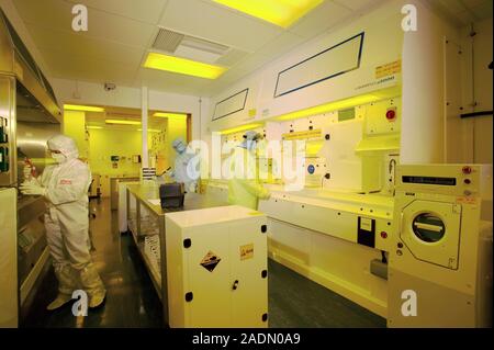 MODEL RELEASED. MEMS production. Clean room technicians using chemical etching processes to produce MEMS (microelectromechanical systems) devices. MEM Stock Photo