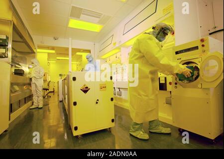 MODEL RELEASED. MEMS production. Clean room technicians using chemical etching processes to produce MEMS (microelectromechanical systems) devices. MEM Stock Photo
