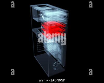 Home computer. Computer artwork showing the interior of a home computer. A typical home computer contains one or more hard drives (red) which store da Stock Photo