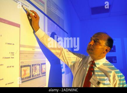 Computer software development. Computer programmer designs computer software. A schematic representation of the program has been projected onto him. T Stock Photo