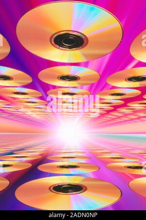 CD-ROM compact discs. Computer artwork of multiple CD-ROM discs used for data storage, depicted in three dimensional perspective. CD-ROM (Compact Disc Stock Photo
