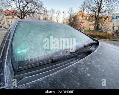 Frozen car windshield in the winter Stock Photo