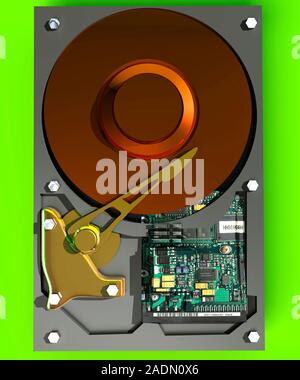 Hard disk. Computer artwork of a hard disk from a computer. It consists of a read-write head (gold) on a hard disk (round) that is coated on both side Stock Photo