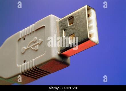 USB connecting plug. This is a type A" universal serial bus (USB) connecting plug, which connects peripheral devices into a computer. USB became a s Stock Photo