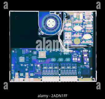 Desktop computer. Coloured X-ray of a desktop computer hard drive. Stock Photo