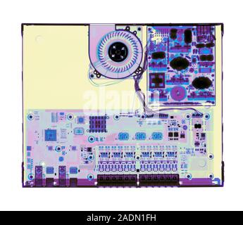 Desktop computer. Coloured X-ray of a desktop computer hard drive. Stock Photo