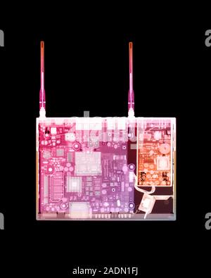 Desktop computer. Coloured X-ray of a desktop computer hard drive. Stock Photo