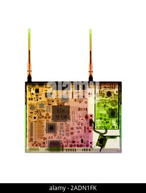 Desktop computer. Coloured X-ray of a desktop computer hard drive. Stock Photo