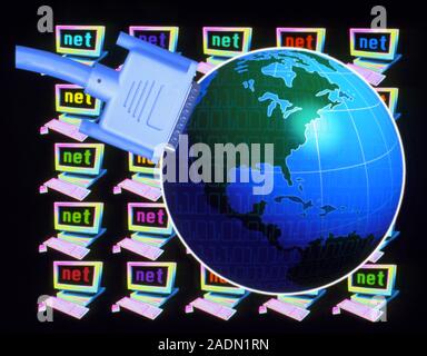 Internet. Computer artwork of a network of computers with a flex plugged in to the globe, illustrating the Internet. The Internet is a system of compu Stock Photo