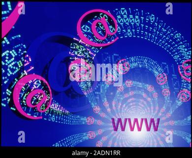 Internet. Conceptual computer artwork representing the internet, including electronic mail (e-mail) and the World Wide Web (WWW). The symbol @" (mea Stock Photo