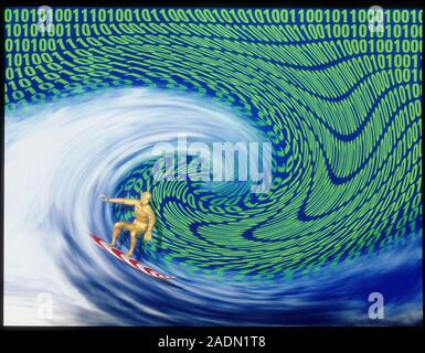 Surfing the internet. Abstract computer artwork of a surfer riding a wave on a background of binary digits. Surfing is a term used to describe the pro Stock Photo