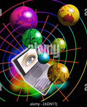 Internet communication. Conceptual image representing computer communication around the world. The image shows a laptop computer displaying a human ey Stock Photo
