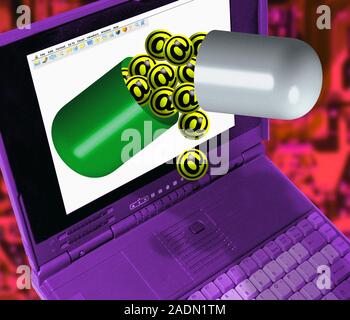 E-mail addiction. Conceptual image of addiction to e-mail on the internet, showing a pill (capsule) emerging from the screen of a laptop computer. The Stock Photo