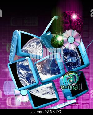 Global communications. Conceptual computer artwork of the Earth seen on computer screens, depicting worldwide communications through the Internet. Ele Stock Photo