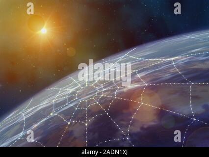 Internet. Conceptual artwork representing global internet communications, showing a web that covers the whole Earth. A common internet abbreviation, w Stock Photo
