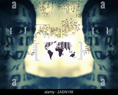Internet. Conceptual computer artwork representing global internet communications, showing an Earth map, the zeros and ones of computer binary code, a Stock Photo
