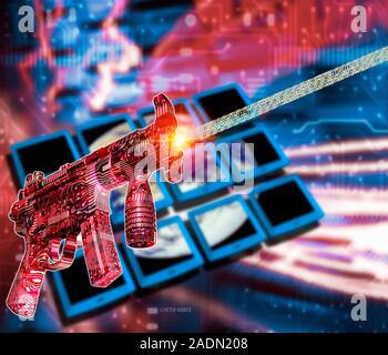 Internet terrorism. Conceptual computer artwork of a digital weapon firing a stream of binary data into the internet. This could represent the threat Stock Photo