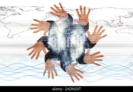 Internet security. Conceptual image of a circle of hands around a fingerprint, with binary digits and a map of the world. This could represent securit Stock Photo
