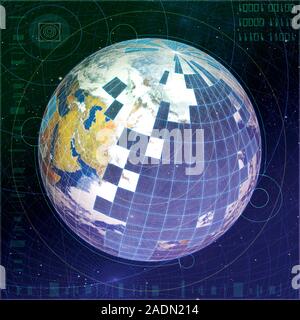 Digital world. Conceptual computer artwork of a digitized Earth, representing worldwide digital technology and networks, like the internet. Stock Photo