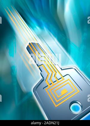 Electronic data security. Conceptual computer artwork of a key with a printed electric circuit on it. This could represent secure data transfer over t Stock Photo