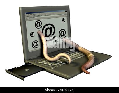 Computer worm. Conceptual computer artwork of worms emerging from a laptop computer screen. This could be used to represent malicious computer program Stock Photo