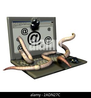 Computer viruses. Computer artwork of worms and bugs emerging from a laptop computer screen. This could be used to represent malicious computer progra Stock Photo