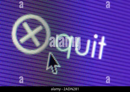 Internet transaction. Screen shot of a mouse cursor hovering over a Quit button on a website. Stock Photo