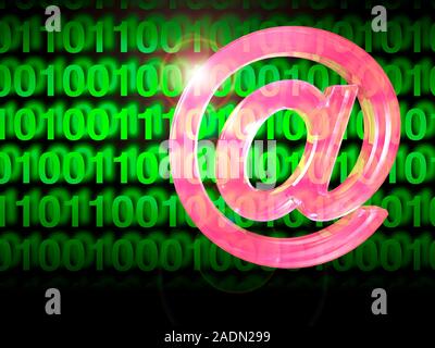 Email. Conceptual computer artwork representing email, showing an at sign (@) over a stream of binary digits. All email addresses contain the @ symbol Stock Photo