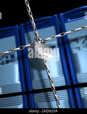 Data security. Computer artwork of a padlock and chain around computer hard drives. This may represent the use of security software to protect data an Stock Photo