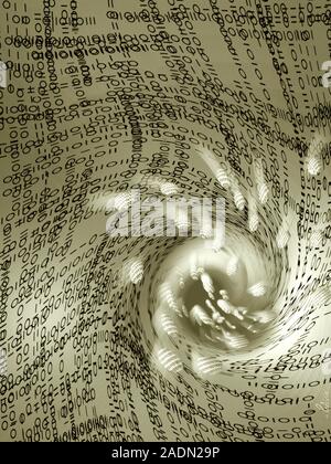 Computing. Conceptual computer artwork of computing, showing binary code (zeros and ones) disappearing into a vortex. This could represent the future Stock Photo