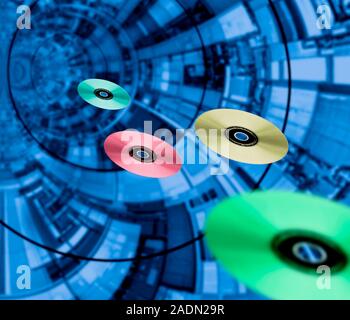 Information superhighway, conceptual computer artwork. Data discs flying along a tunnel. Stock Photo