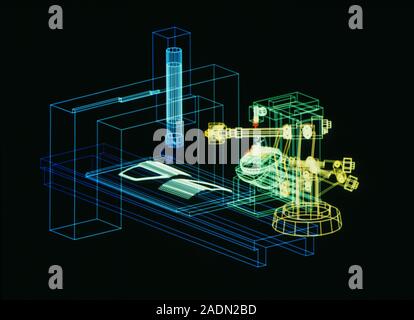 Industrial robot simulation. Computer display showing a simulation of manufacturing using industrial robots. The simulation allows engineers to plan p Stock Photo