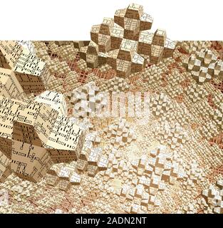 Blocks of binary code. Abstract computer artwork of a seemingly infinite number of stacked blocks above a wired grid. The blocks are covered in binary Stock Photo
