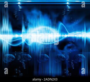 Voice recognition. Conceptual computer artwork of voice patterns (waveforms, blue), representing computer voice recognition and speech synthesis. Stock Photo