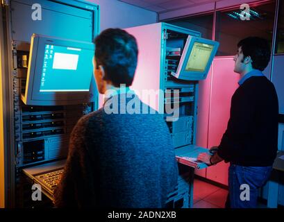 Voice application software. Software engineers developing the multilingual interactive voice application platform VoxNauta. The platform offers voice Stock Photo