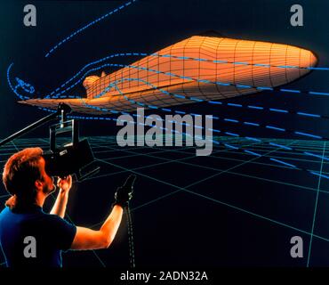 Virtual wind tunnel. Composite image of a man immersed in the computer-generated wind tunnel image that he can see using a virtual reality headset. A Stock Photo