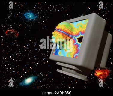 Artificial intelligence. Abstract computer artwork of a head emerging from a computer screen on a starfield background. This could depict artificial i Stock Photo