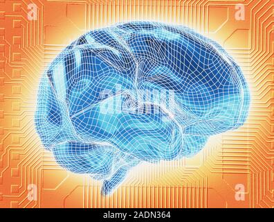 Artificial intelligence. Conceptual computer artwork of a human brain against a background of electronic circuitry, representing artificial intelligen Stock Photo