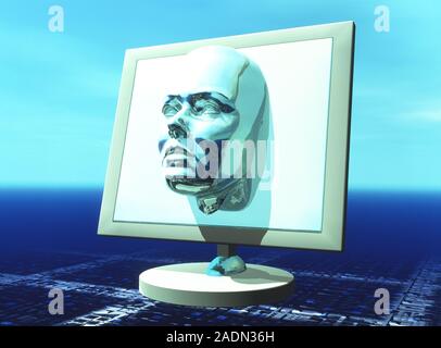 Cyber personality. Conceptual computer artwork of a human head emerging from a computer screen. This may represent a cyber personality. Communication Stock Photo
