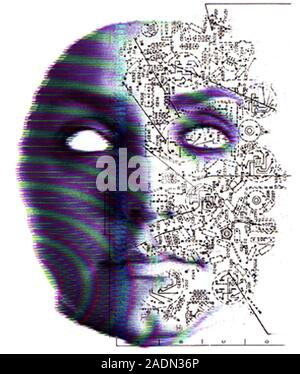 Artificial intelligence. Conceptual computer artwork of a face composed partly of electronic circuits. This may represent artificial intelligence (AI) Stock Photo